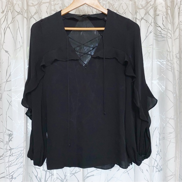 KOBI HALPERIN black Lace Up v-neck Ruffle Trim long sleeve Silk Blouse top - Picture 2 of 7